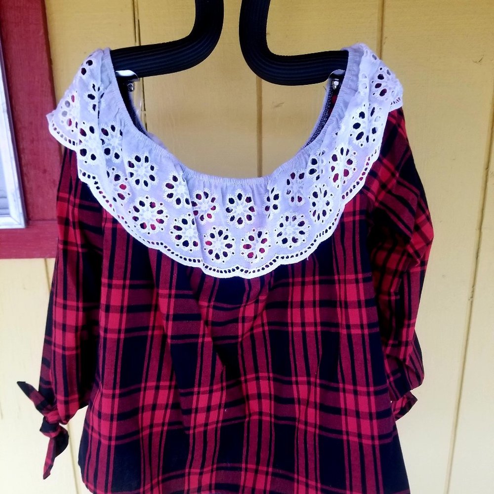 BLACK & RED PLAID PEASANT BLOUSE